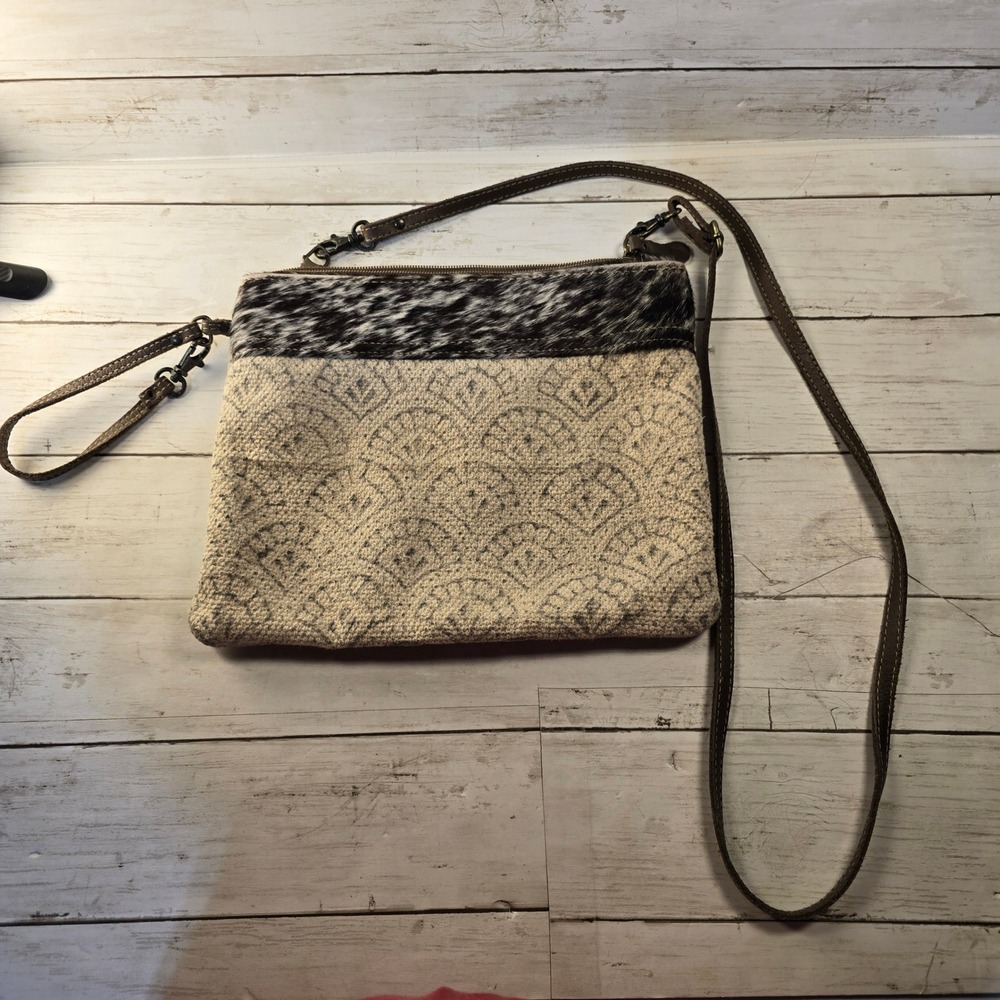 Myra Bag Cowhide Fur Canvas Crossbody Wristlet Bag Geometric Print Tan Brown